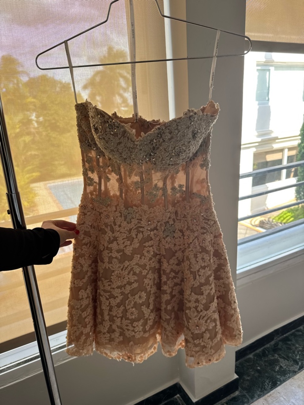 Sherri Hill Blush Pink Beaded Lace Mini Dress